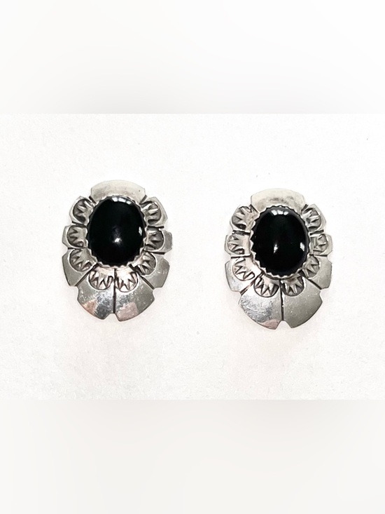 Native American Jewelry - Vtg. Silver Native American Earrings w/ Black Onyx Stones - Posts